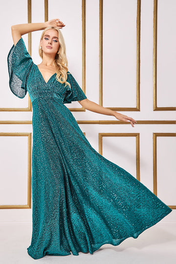 Sequin Lurex Flutter Sleeve Maxi Dress Goddiva